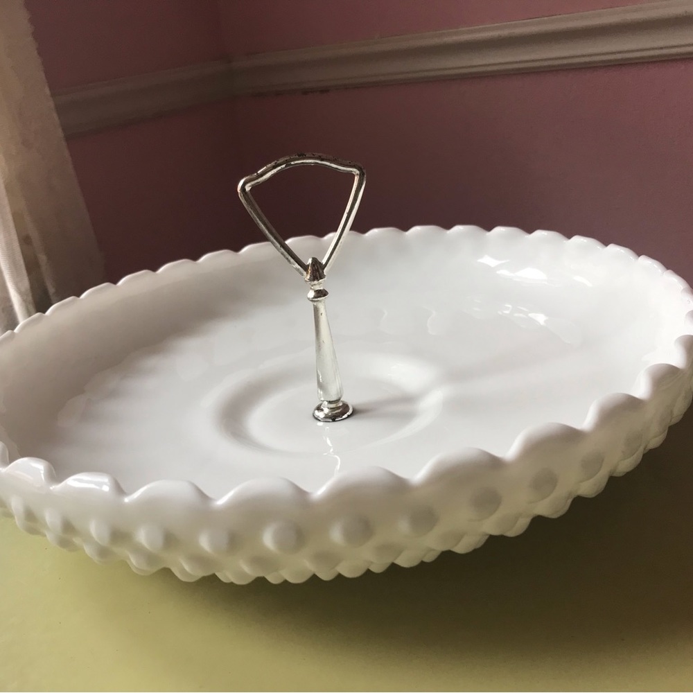 Rare Vintage Fenton Hobnail Milk Glass Large Serving Dish W/Silver Middle Handle